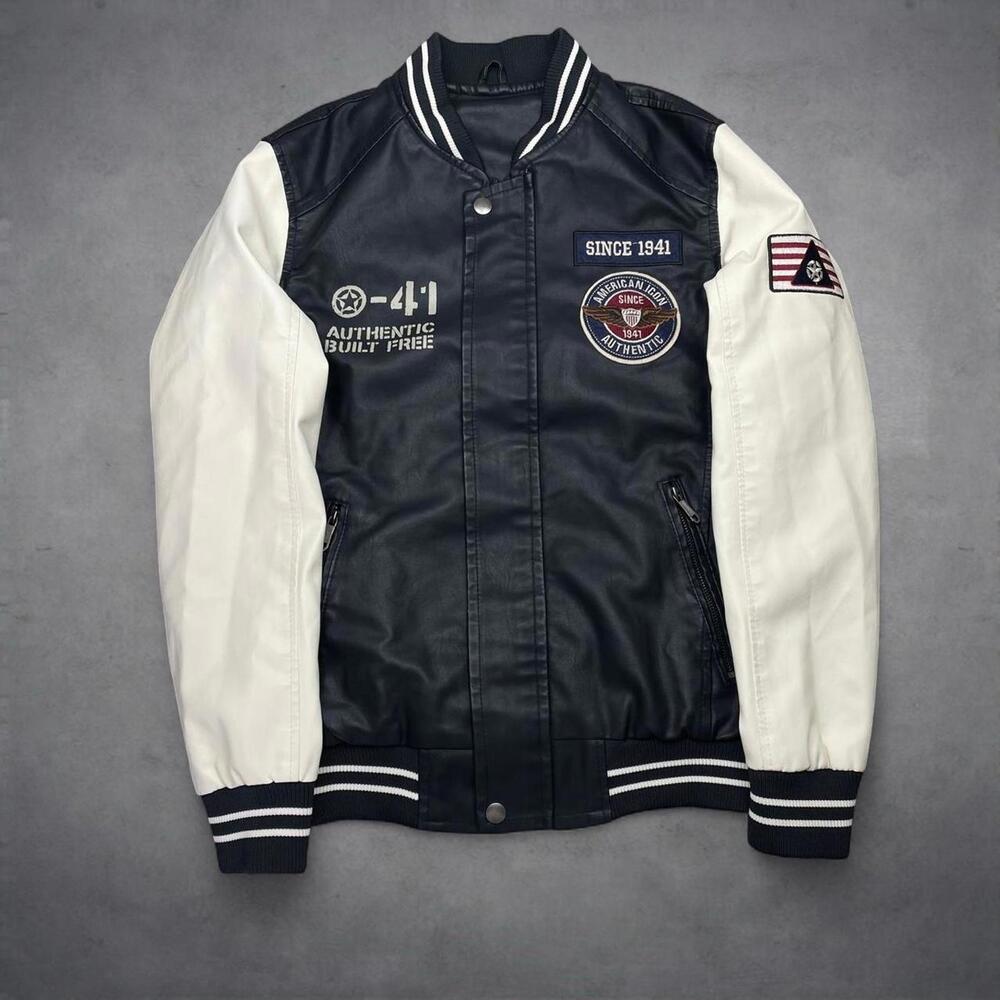 Jeep Spirit American Icon Varsity Jacket Black White Faux Leather Mens Small S